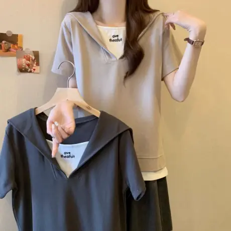设计感小众短袖t恤女2025新款夏季韩版宽松大码海军领假两件上衣商品大图