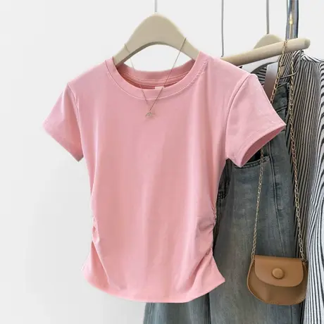 韩系chic甜辣短袖T恤女夏季修身韩版短款小个子褶皱收腰半袖上衣商品大图