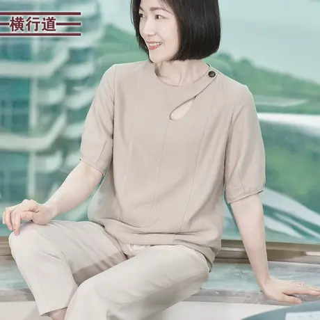 休闲纯色圆领纽扣宽松上衣服内搭打底衫外穿衬衫半袖夏季女装新款图片