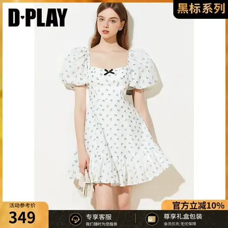 DPLAY夏新气质复古方领白底小紫花高腰大摆提花连衣裙商品大图