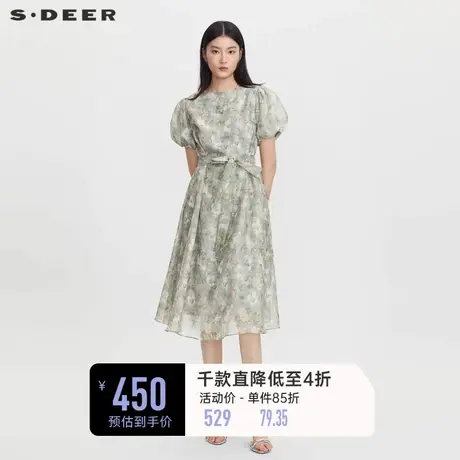 sdeer圣迪奥女装圆领碎花收腰网纱泡泡袖连衣裙S232Z12A5🧒商品大图