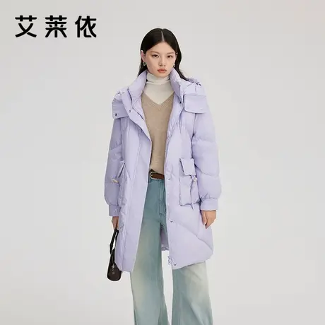 艾莱依长款羽绒服女新款大衣简约温柔牛角扣通勤休闲百搭连帽外套商品大图