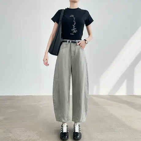 亚麻灰色弯刀牛仔裤女夏季镰刀裤宽松哈伦八九分小个子阔腿香蕉裤商品大图