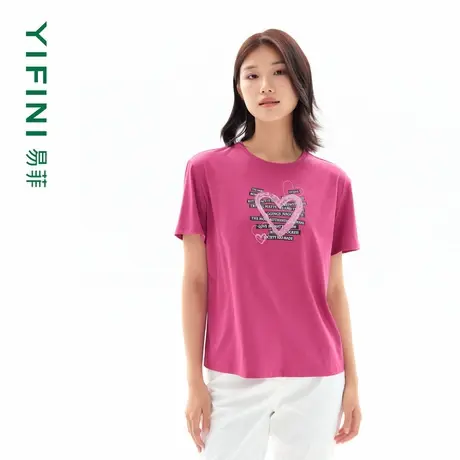 [专柜同款]Yifini/易菲简约圆领爱心印花字母设计宽松短款时尚T恤图片