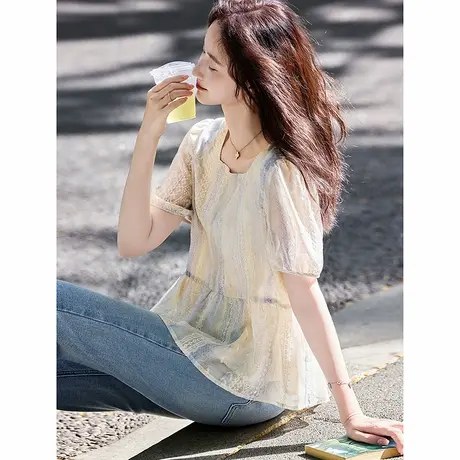 时尚气质甜美短袖夏季衬衫女士2025年夏天新品蕾丝收腰款显瘦上衣商品大图