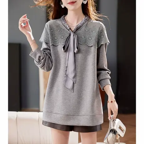 宝诗黎系带刺绣拼接长袖卫衣2025春季设计感宽松休闲百搭上衣女商品大图