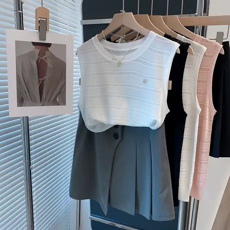 镂空冰丝针织衫女背心2025春夏新款美背内搭圆领上衣外穿薄t恤衫图片