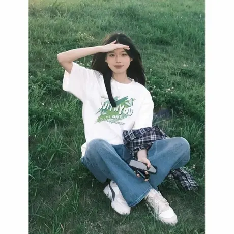 白色高街宽松圆领短袖t恤女2025新款美式夏季慵懒风纯棉上衣商品大图