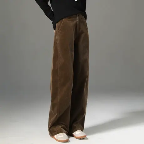 咖色条绒阔腿裤女秋冬新款显瘦弯刀裤灯芯绒镰刀裤宽松直筒休闲裤商品大图