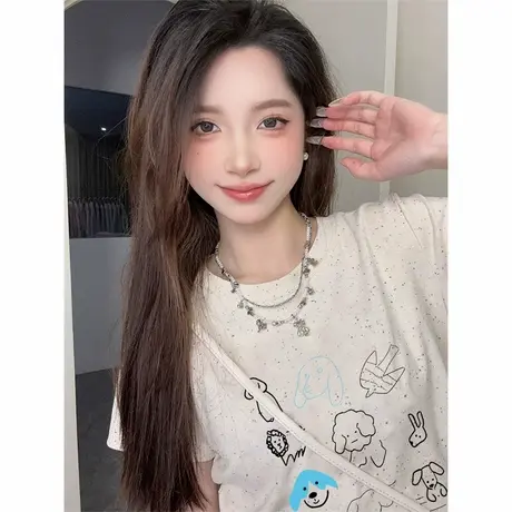 新款彩虹波点褶皱收腰短款t恤女夏季甜美风高腰洋气减龄短袖上衣商品大图