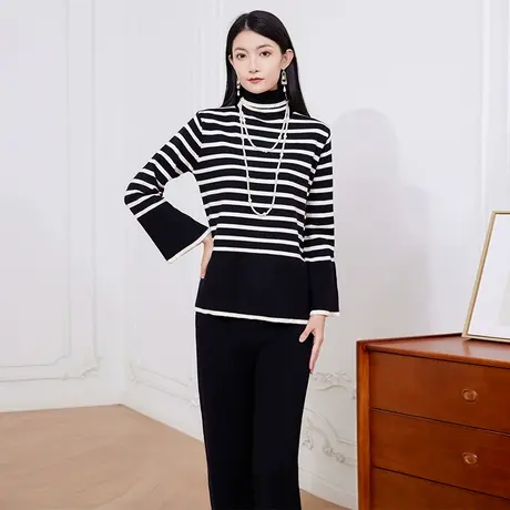 希区瑞普长袖宽松条纹女士高领卡其色秋针织套装软糯毛衣休闲裤商品大图