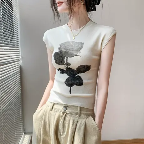 玫瑰印花独特圆领坎肩无袖上衣女2025秋季新款内搭修身打底衫背心商品大图