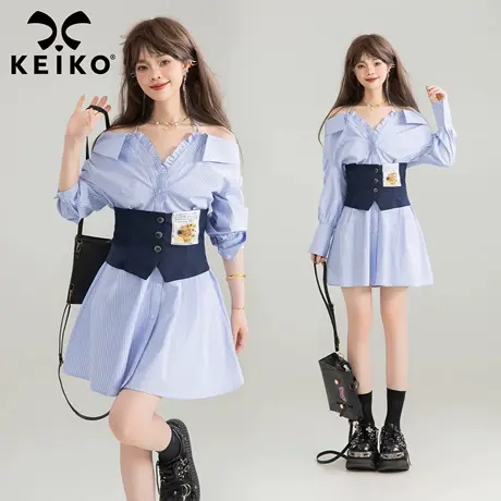 KEIKO 韩系高智感一字露肩衬衫连衣裙早秋气质假两件束腰显瘦长裙商品大图