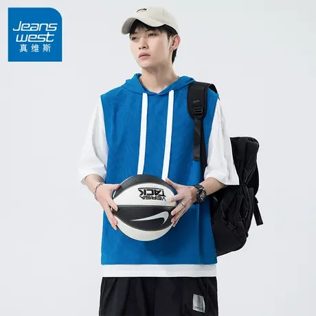 N5真维斯短袖T恤男2025夏季新款美式潮牌男生连帽半袖假两件上衣t商品大图