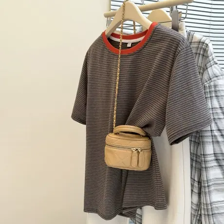 撞色条纹短袖T恤女夏季韩版宽松打底衫内搭chic港味纯棉上衣半袖商品大图