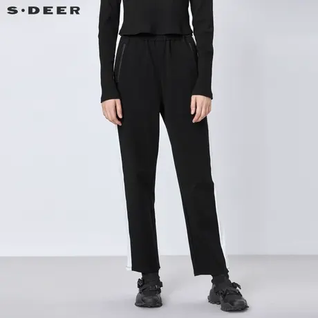 sdeer圣迪奥女装春秋装休闲松紧撞色拼接直筒黑色长裤S21380812图片