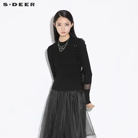 sdeer圣迪奥2021秋季新品罗纹圆领撞色拼接修身针织衫女S21363502图片