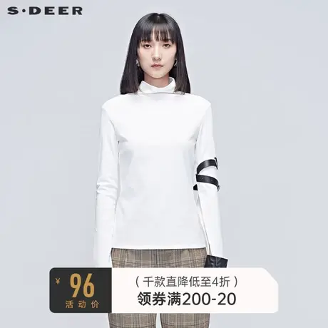 sdeer圣迪奥女装春秋装高领绑带长袖开叉白色打底衫T恤S20380224图片
