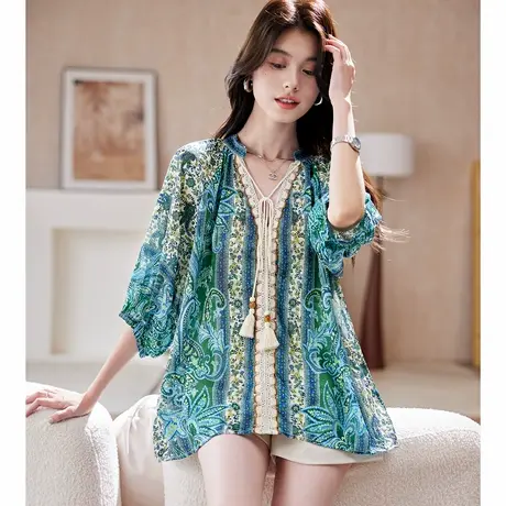 宝诗黎V领系带印花衬衫2025夏季时尚洋气宽松波西米亚风百搭衬衣图片