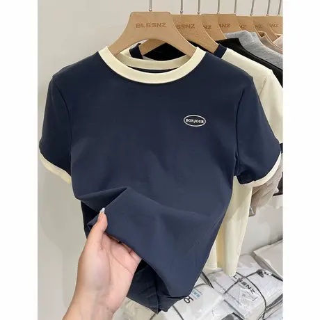 撞色纯棉正肩短袖t恤女夏季2025新款蓝色圆领宽松上衣体恤半袖潮商品大图