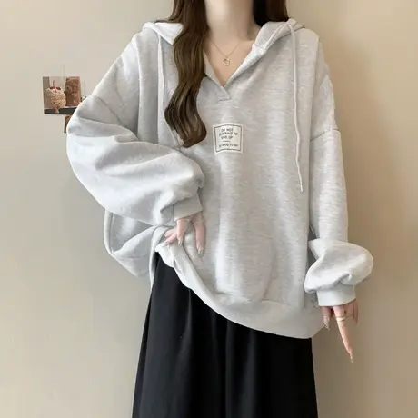 V领连帽卫衣女春秋薄款2025新款韩版宽松美式慵懒chic上衣外套潮图片