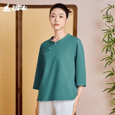 铜牛波纹棉中式圆领七分袖女衫 2025春夏新款斜襟休闲T恤女VS354商品大图