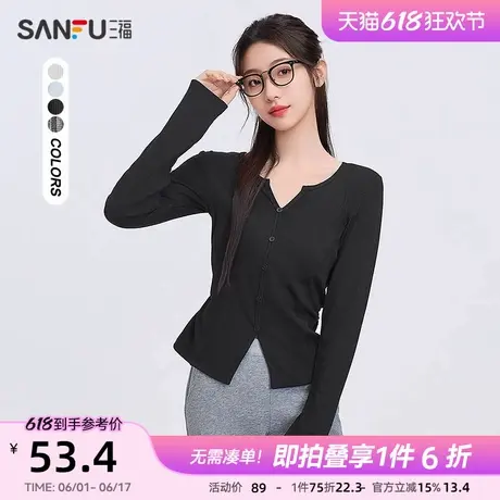 三福黑色t恤2025新款春季小V领设计感褶皱收腰长袖上衣女装495678图片