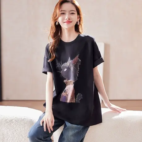 宝诗黎圆领钉珠印花短袖T恤女2025夏季宽松慵懒百搭通勤休闲上衣图片