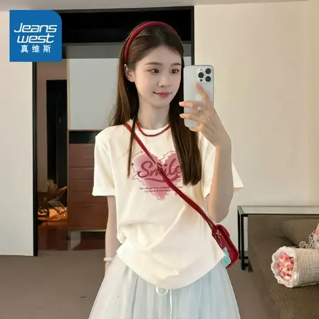 KMV真维斯短袖t恤女2025新款春夏小众设计感宽松休闲半截袖上衣女商品大图