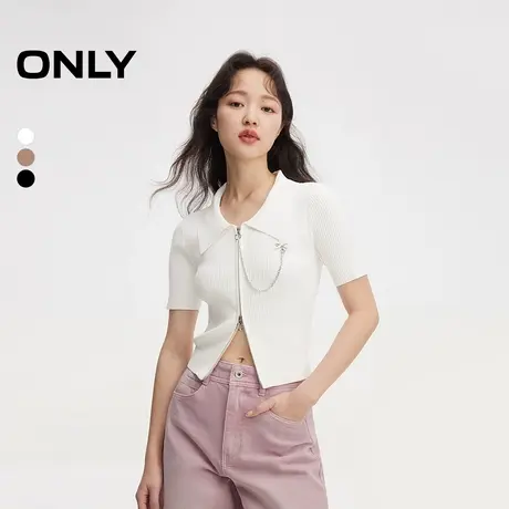 ONLY2025夏季简约休闲百搭金属链条纯色POLO领短袖开衫针织衫女商品大图