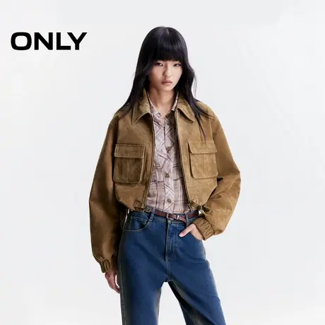 ONLY2025秋季新款酷感下摆抽绳利落正肩带盖口袋短款皮衣外套女图片