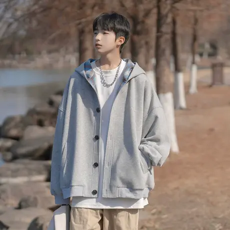 回力卫衣男士春秋季2025新款连帽开衫休闲上衣男生设计感格子外套商品大图