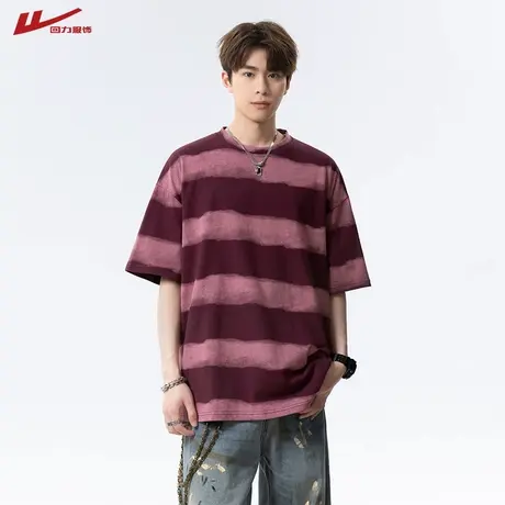 回力条纹短袖t恤男士夏季美式撞色半袖上衣男款宽松休闲情侣体恤商品大图