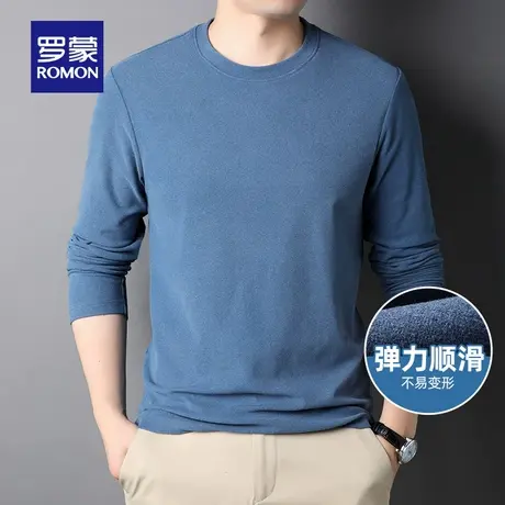 罗蒙男士休闲弹力长袖T恤2025秋季新款时尚打底衫圆领纯色上衣男商品大图