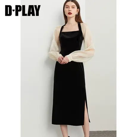 DPLAY春新黑拼杏美背方领鎏光纱泡泡袖丝绒开衩连衣裙轻礼服图片