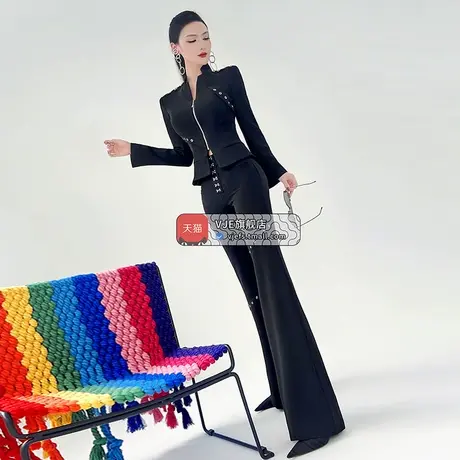 VJE秋季女士黑色垂感休闲裤新款气质高腰修身显瘦微喇叭裤子商品大图