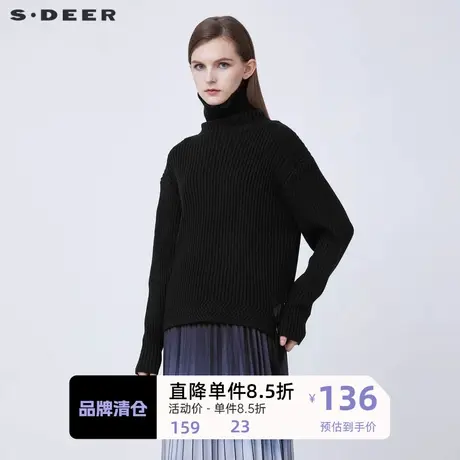 sdeer圣迪奥女装罗纹高领宽松不规则黑色毛衣S21483555🐇商品大图