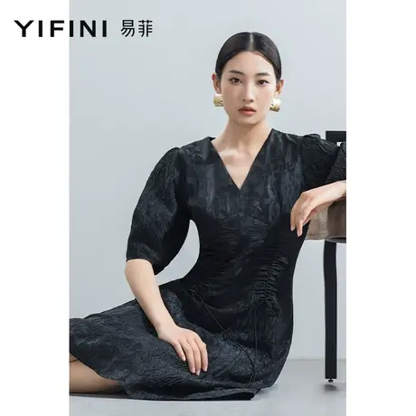 Yifini/易菲V领短袖优雅提花中长款收腰显瘦连衣裙2023夏季新款图片