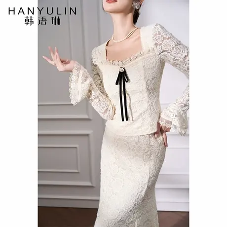 韩语琳 长袖方领蕾丝打底衫2025新款夏季高级感短款修身内搭上衣图片