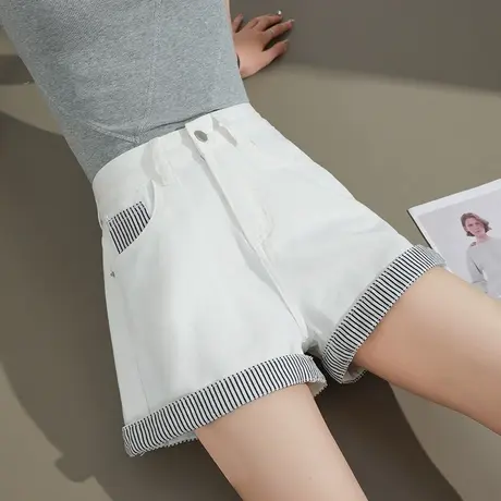 条纹撞色卷边牛仔短裤女夏季薄款高腰宽松a字显瘦四分裤辣妹热裤图片