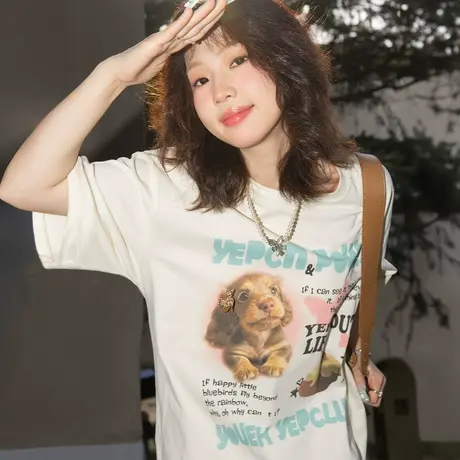 YEP立体蝴蝶结卡通印花短袖t恤女夏季新款复古纯棉半袖情侣上衣潮商品大图