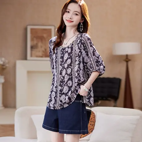 宝诗黎【新品价178元】圆领钉钻印花雪纺衫JT1164图片