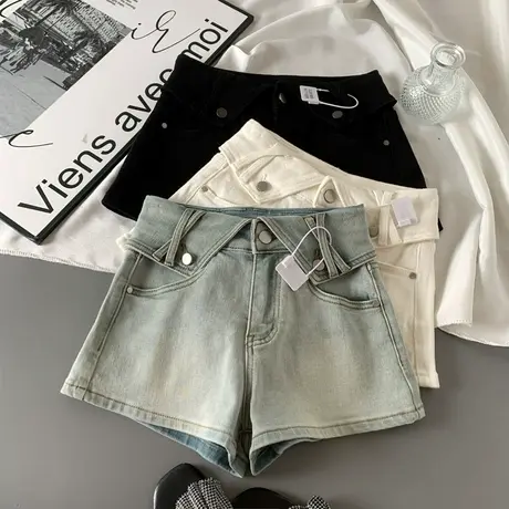辣妹腰头翻边牛仔阔腿短裤女2025春夏新款韩版时尚百搭a字热裤潮商品大图