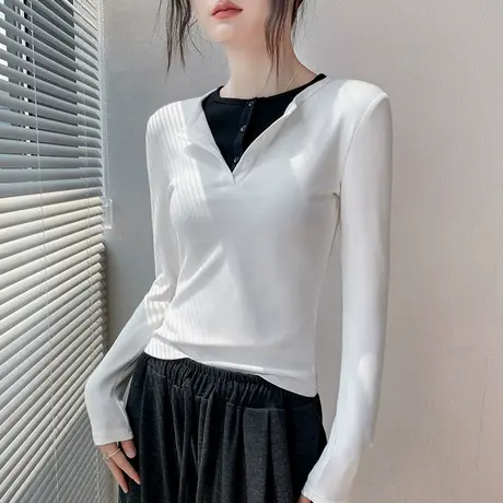 假两件纽扣双层半开领长袖T恤女2025春季新款修身正肩内搭打底衫图片