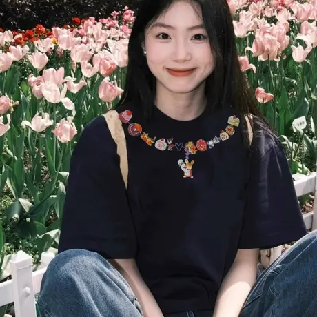 美式复古街头风纯棉短袖t恤女夏2025学生宽松慵懒风半袖chic上衣商品大图