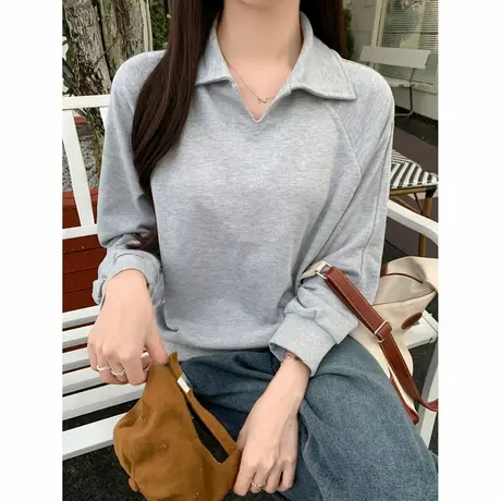 Polo领长袖卫衣女春秋季薄款韩版宽松显瘦简约纯色上衣外套ins潮图片