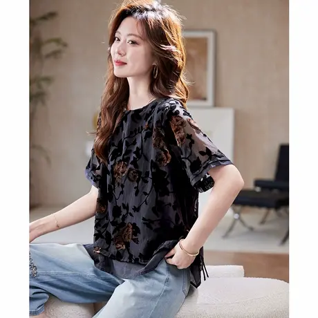 宝诗黎【新品价228元】圆领丝绒烧花短袖上衣AQF8005图片