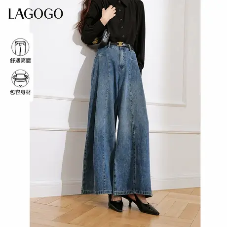 LAGOGO压褶设计牛仔裤女拉谷谷春秋新款高腰宽松舒适垂感阔腿裤商品大图