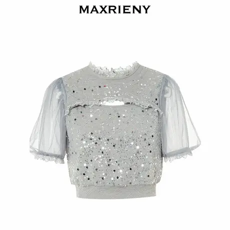 【奥莱】MAXRIENY轻奢运动感卫衣夏季后背镂空拼接网纱上衣女图片