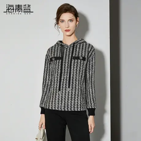 海青蓝黑色慵懒风毛衣条纹上衣2024秋冬新款气质宽松显瘦长袖卫衣商品大图